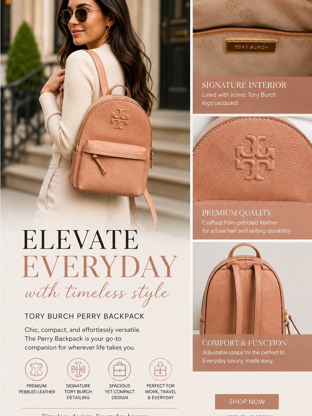Tory Burch Pebbled Leather Backpack in Dusty Rose